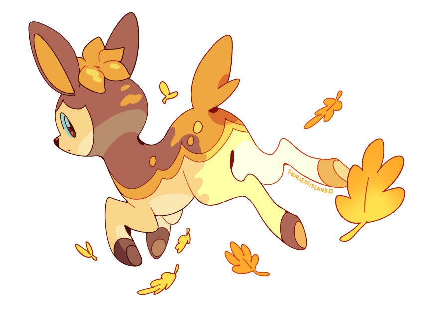 absurdres animal_focus artist_name autumn_leaves baby_animal brown_eyes commentary deer deerling deerling_(autumn) english_commentary fawn flower fourleafisland full_body gen_5_pokemon highres hooves leaf making-of_available nintendo no_humans pokemon pokemon_(creature) simple_background solo tachi-e tail white_background yellow_flower