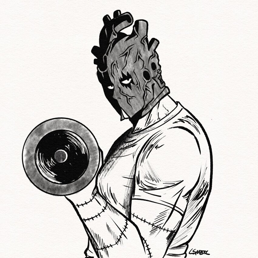 1boy comic_panel_redraw commentary csmbtc derivative_work dorohedoro dumbbell english_commentary exercising greyscale heart_(organ) highres inktober looking_at_viewer male_focus mask monochrome muscular muscular_male shin_(dorohedoro) simple_background solo stitched_arm stitches upper_body weightlifting