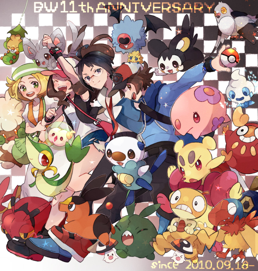 2boys 2girls :d ahoge anniversary archen arm_up baseball_cap beret bianca_(pokemon) black_hair black_vest blonde_hair blue_jacket blush brown_eyes brown_hair cheren_(pokemon) closed_eyes commentary_request darumaka dated dress emolga eyelashes foongus gen_5_pokemon green_eyes green_headwear hat high_ponytail highres hilbert_(pokemon) hilda_(pokemon) holding holding_poke_ball jacket joltik long_hair long_sleeves mienfoo minccino misha_(ohds101) multiple_boys multiple_girls munna nintendo on_head open_clothes open_jacket open_mouth orange_vest pants pidove poke_ball poke_ball_(basic) poke_ball_print pokemon pokemon_(creature) pokemon_bw pokemon_on_head ponytail red_headwear roggenrola scraggy sewaddle shirt short_hair short_sleeves sidelocks sleeveless sleeveless_shirt smile snivy solosis teeth tepig tongue trubbish upper_teeth_only vanillite venipede vest whimsicott white_dress white_shirt woobat wristband