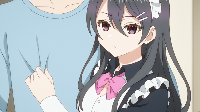 1boy 1girl anime_screenshot black_hair blue_shirt bow bowtie closed_mouth clothes_grab hair_between_eyes hair_ornament hairclip indoors kimishima_ayano kuze_masachika long_hair looking_at_viewer maid maid_headdress official_art pink_bow pink_bowtie purple_eyes shirt t-shirt tokidoki_bosotto_roshia-go_de_dereru_tonari_no_alya-san
