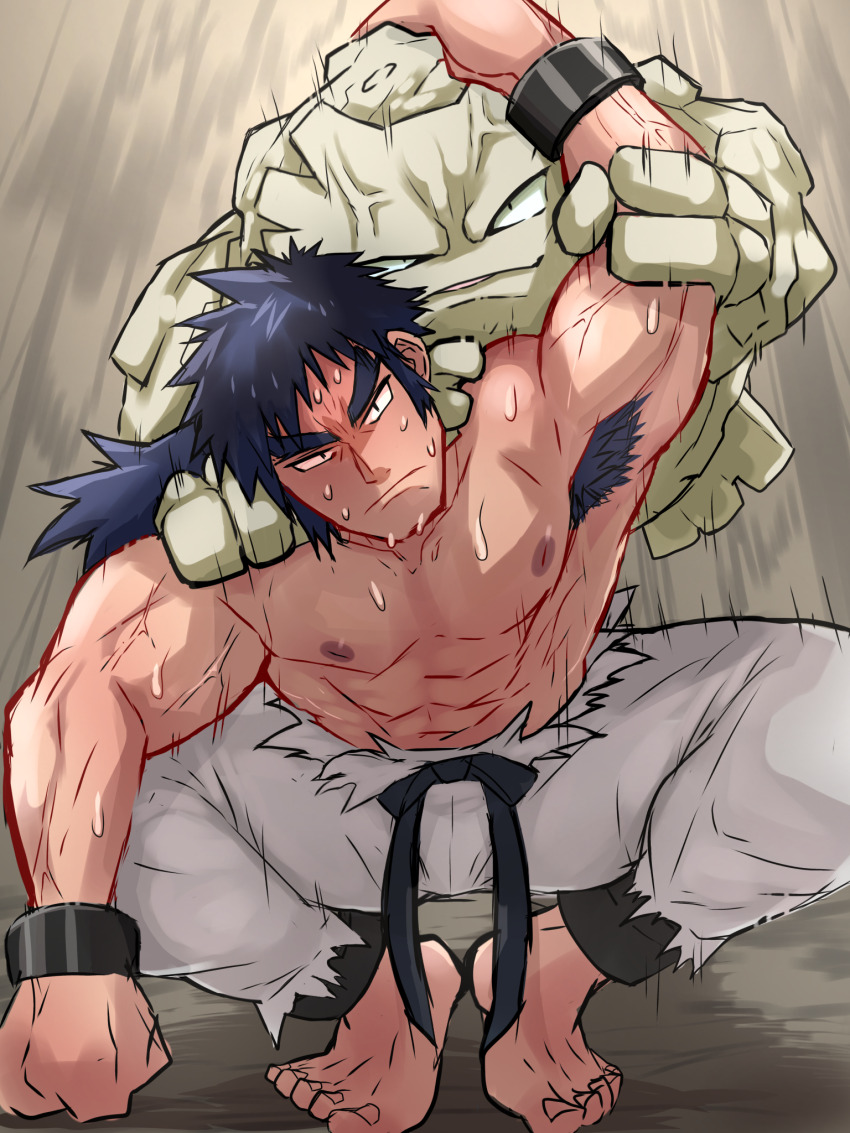 1boy anklet armpit_hair bahamuto1 bara barefoot blue_hair bracelet bruno_(pokemon) commentary_request commission gen_1_pokemon graveler highres jewelry male_focus martial_arts_belt motion_lines muscular muscular_male nintendo nipples pants pixiv_commission pokemon pokemon_(creature) pokemon_frlg squatting sweat textless_version topless_male torn_clothes torn_pants variant_set veins