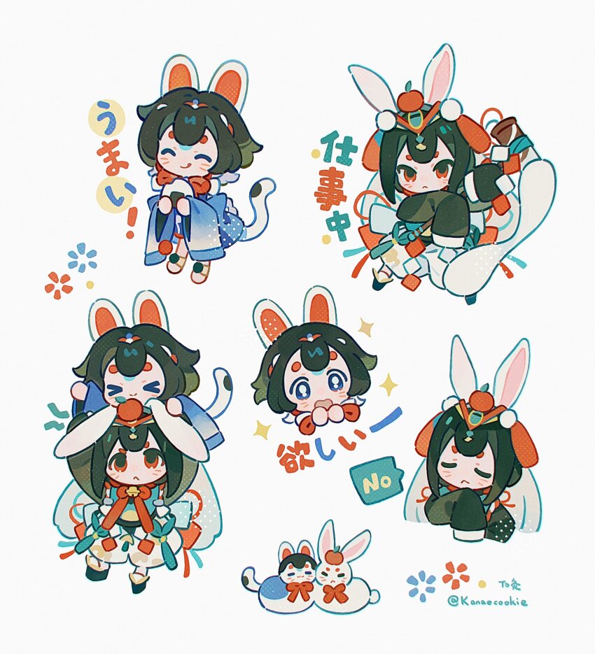 &gt;_&lt; 2girls :d :q ^_^ animal_ears black_hair blue_eyes blue_kimono blush_stickers cat_ears cat_girl cat_tail chibi chibi_only closed_eyes closed_mouth double-parted_bangs frown green_kimono highres japanese_clothes kanae_(cookie) kimono long_sleeves multiple_girls multiple_views on_head open_mouth original rabbit_ears rabbit_girl red_eyes short_hair simple_background sleeves_past_fingers sleeves_past_wrists smile tail thick_eyebrows tongue tongue_out translated twitter_username white_background wide_sleeves