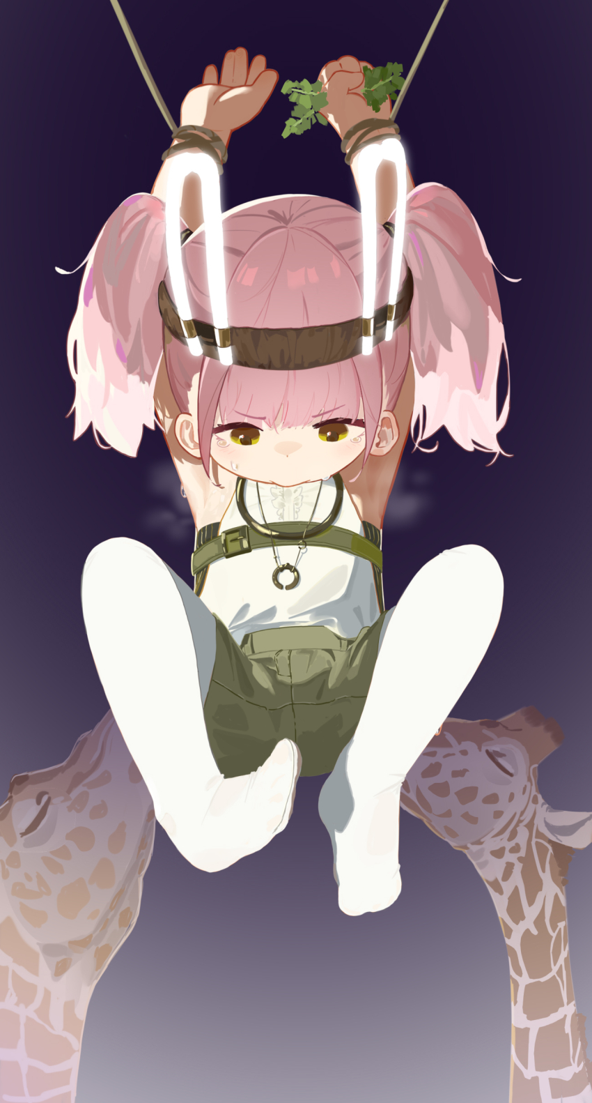 1girl absurdres animal_ears armpits arms_up crying fake_animal_ears feeding giraffe girls&#039;_frontline girls&#039;_frontline_neural_cloud highres pink_hair rabbit_ears rope shirt sleeveless sleeveless_shirt taisch_(neural_cloud) thighhighs twintails white_thighhighs xiaotsihasiha
