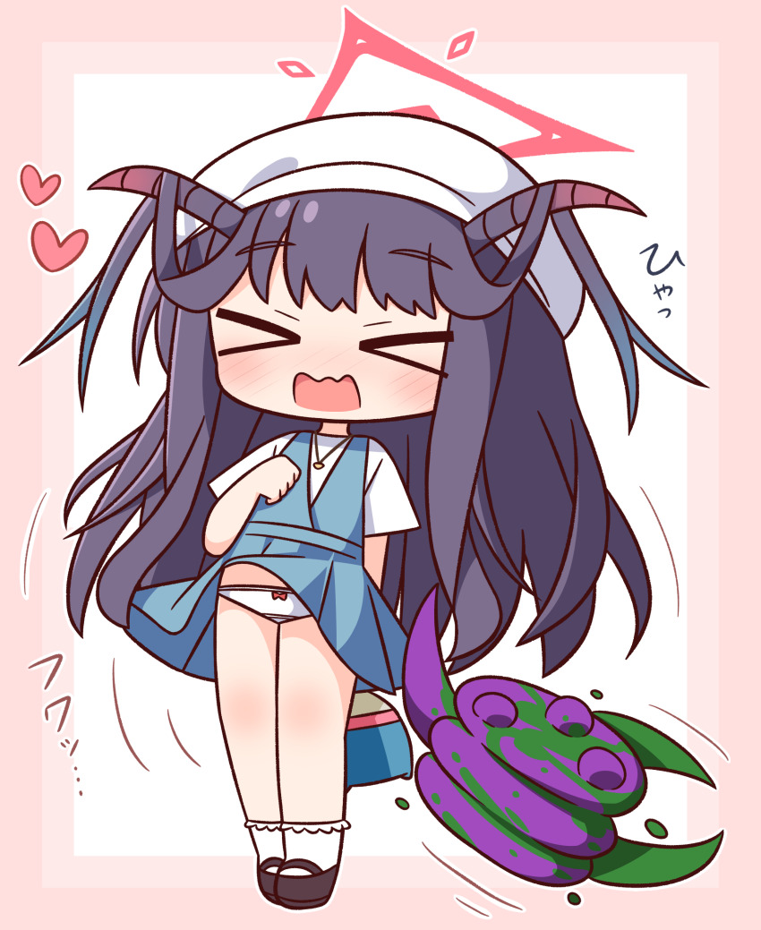 &gt;_&lt; 1girl bag beret black_hair black_shoes blue_archive blue_dress blush border bow bow_panties chibi closed_eyes clothes_lift dress dress_lift facing_viewer full_body fuuka_(blue_archive) fuuka_(casual)_(blue_archive) halo hana_kazari hand_up hat heart highres horns long_hair nose_blush open_mouth panties pink_border pleated_dress shirt shoes short_sleeves sleeveless sleeveless_dress socks solo standing translation_request underwear very_long_hair wavy_mouth white_background white_hat white_panties white_shirt white_socks