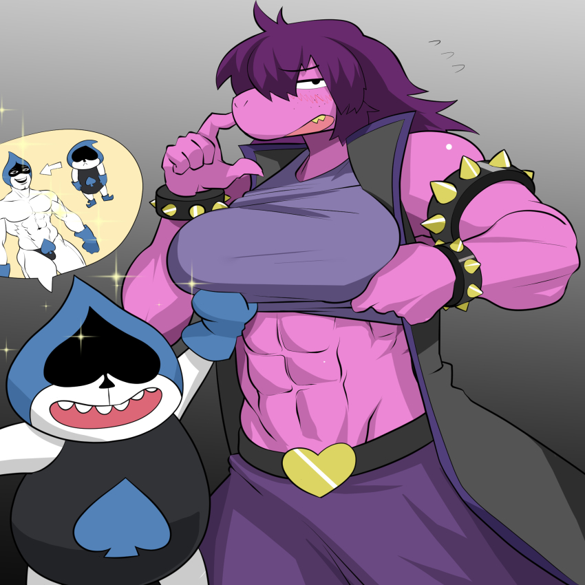 1boy 1girl abs armlet assha_(schector) belt black_belt black_eyes blue_gloves blush bracelet breast_poke breasts buckle colored_skin cowboy_shot crop_top deltarune flying_sweatdrops freckles gloves gradient_background grey_background grey_shirt heart heart-shaped_buckle highres jewelry lancer_(deltarune) large_breasts long_hair looking_at_viewer muscular muscular_female muscular_male open_mouth pants pink_skin poking purple_hair purple_pants shirt smile snout spade_(shape) spiked_armlet spiked_bracelet spikes susie_(deltarune)