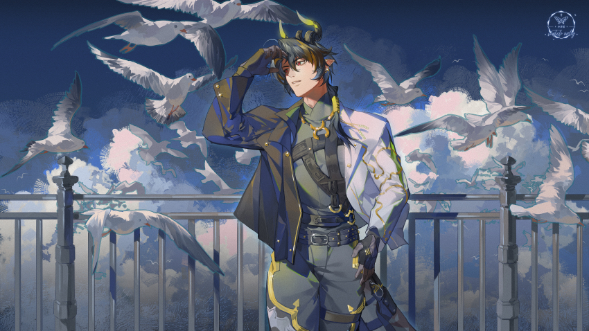 1boy absurdres animal api_qwq arknights arm_up asymmetrical_sleeves belt belt_buckle bird black_belt black_hair black_jacket black_sleeves blazer blonde_hair buckle chinese_commentary chongyue_(arknights) commentary cowboy_shot glint hair_between_eyes hair_intakes highres horns jacket long_sleeves looking_to_the_side male_focus medium_hair mismatched_sleeves multicolored_hair open_clothes open_jacket parted_lips pointy_ears railing red_eyes simple_bird solo standing streaked_hair white_bird white_jacket white_sleeves