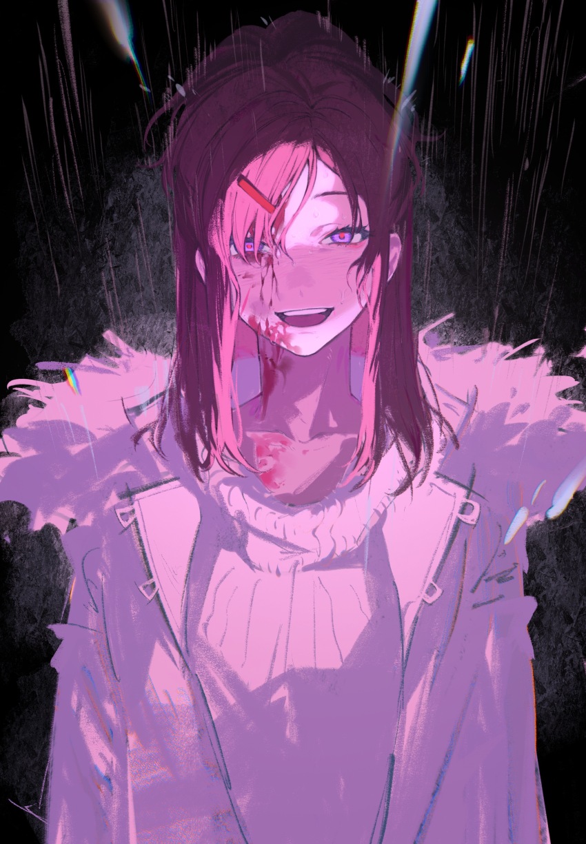 1girl absurdres arms_at_sides azami_(nemurenu_hitsuji_to_kodoku_na_ookami) black_background blood_from_forehead blood blood_on_face chinese_commentary coat collarbone commentary_request fur-trimmed_coat fur_trim hair_ornament hairclip half-closed_eyes highres long_hair looking_at_viewer nemurenu_hitsuji_to_kodoku_na_ookami open_clothes open_coat pink_hair purple_eyes rain red_pupils ribbed_sweater smile solo straight-on sweater tuzaixia upper_body wet wet_hair white_coat white_sweater