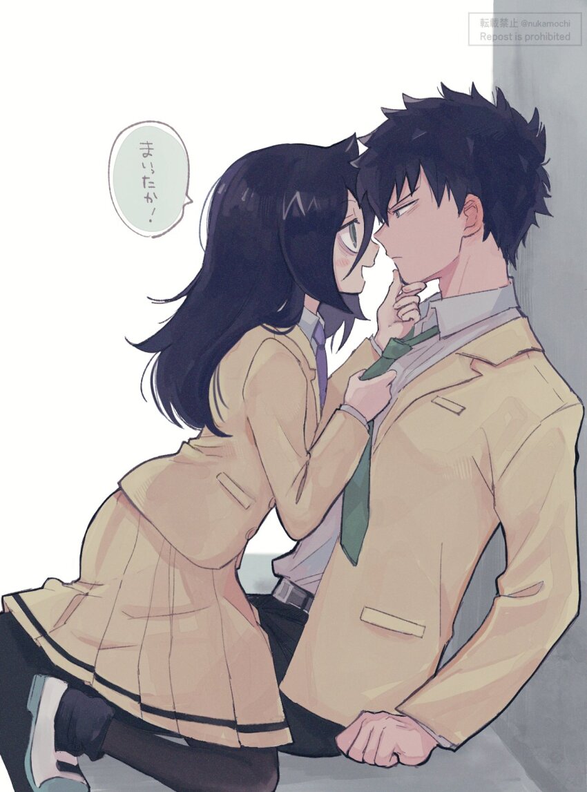 1boy 1girl annoyed bags_under_eyes belt black_hair black_pants black_pantyhose blazer blush_stickers brother_and_sister closed_mouth clothes_grab collared_shirt commentary_request eye_contact face-to-face from_side girl_on_top green_eyes green_necktie grey_belt grey_eyes grey_shirt hair_between_eyes hand_on_another&#039;s_chin hand_on_another&#039;s_face hand_up hetero highres incest jacket kuroki_tomoki kuroki_tomoko long_hair long_skirt long_sleeves looking_at_another messy_hair necktie necktie_grab neckwear_grab nuka_(nukamochi) open_clothes open_jacket open_mouth pants pantyhose pleated_skirt profile purple_necktie school_uniform shirt shirt_tucked_in shoes short_hair siblings sitting skirt smile speech_bubble translation_request twitter_username uwabaki watashi_ga_motenai_no_wa_dou_kangaetemo_omaera_ga_warui! watermark white_background white_shoes yellow_jacket yellow_skirt