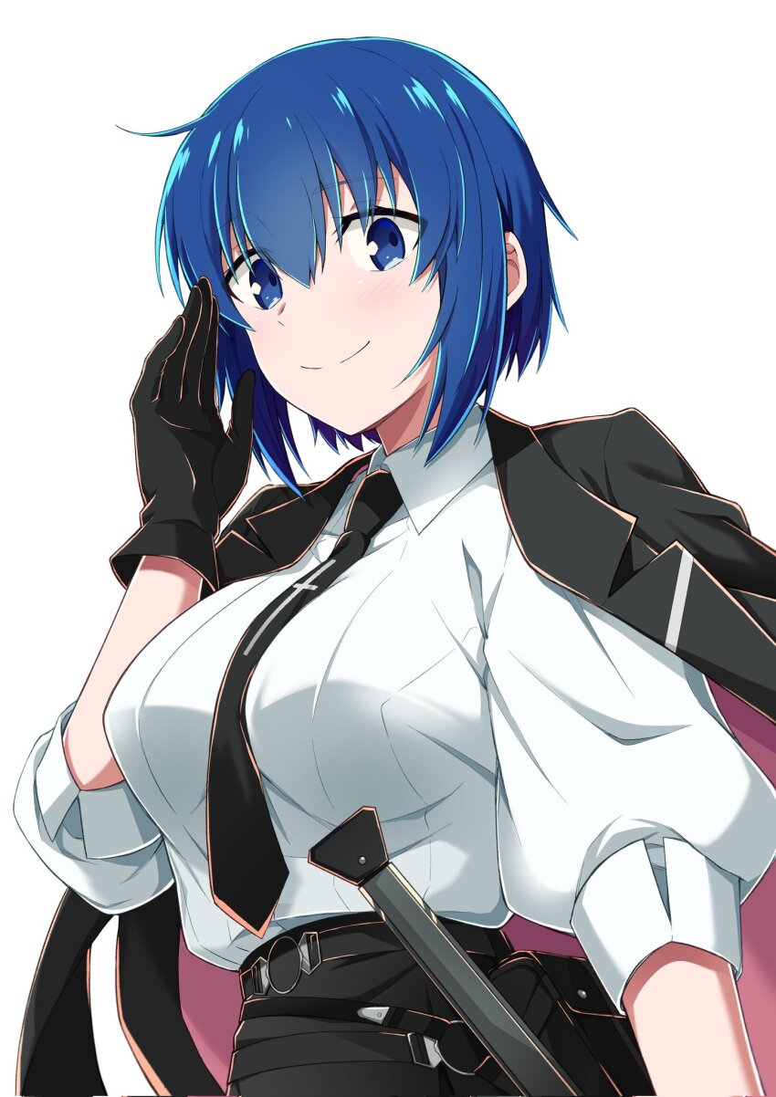 1girl adjusting_eyewear azami_masurao belt black-framed_eyewear black_jacket black_necktie blue_eyes blue_hair blue_sky breasts c.i.e.l_(fate) ciel_(tsukihime) closed_mouth cloud cloudy_sky commentary_request cross cross_print fate/grand_order fate_(series) highres jacket jacket_on_shoulders large_breasts medium_hair necktie print_necktie simple_background sky smile solo tsukihime tsukihime_(remake)