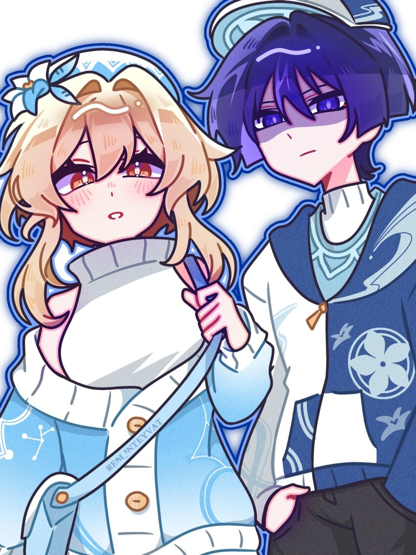 1boy 1girl alternate_costume animal_print bag baseball_cap beret bird_print blonde_hair blue_cardigan blue_flower blue_hat blue_jacket blue_outline blue_shirt blue_sleeves blunt_ends blush bright_pupils cardigan casual closed_mouth constellation_print contemporary eyelashes feather_hair_ornament feathers flower from_below genshin_impact hair_between_eyes hair_flower hair_intakes hair_ornament hand_in_pocket handbag hat highres jacket long_sleeves looking_at_viewer lumine_(genshin_impact) multicolored_flower multicolored_jacket off_shoulder open_mouth outline purple_eyes purple_hair purple_pupils remhotaru ribbed_collar scaramouche_(genshin_impact) shaded_face shirt short_hair short_hair_with_long_locks sidelocks single_bare_shoulder tsurime turtleneck turtleneck_shirt two-tone_jacket undershirt wanderer_(genshin_impact) white_background white_flower white_hat white_jacket white_mouth white_pupils white_shirt white_sleeves wispy_bangs yellow_eyes zipper_pull_tab