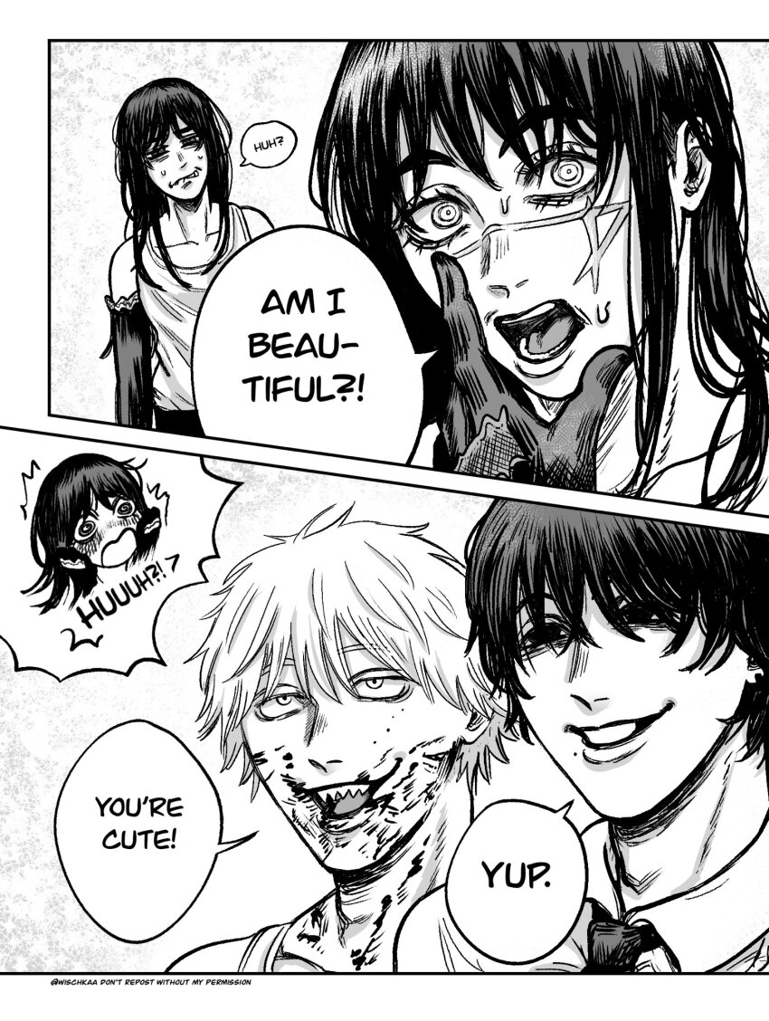 2boys 2girls blood blood_on_face blush chainsaw_man collared_shirt denji_(chainsaw_man) elbow_gloves english_text facial_scar gloves greyscale highres long_hair mitaka_asa monochrome multiple_boys multiple_girls necktie ringed_eyes scar scar_on_cheek scar_on_face sharp_teeth shirt short_hair speech_bubble tank_top teeth wischkaa yoru_(chainsaw_man) yoshida_hirofumi