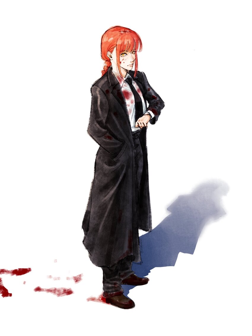 1girl black_coat black_necktie black_pants blood blood_on_clothes blood_on_face blood_on_ground bloody_footprints brown_shoes chainsaw_man closed_mouth coat commentary english_commentary formal_clothes highres makima_(chainsaw_man) necktie pant_suit pants red_hair shadow shirt shoes sidelocks snailmao solo suit watch white_background white_shirt wristwatch yellow_eyes