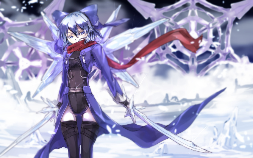 1girl aged_up amatou3 archer_(fate) archer_(fate)_(cosplay) blue_bow blue_eyes blue_hair bow breasts cirno cirno-nee cosplay crystal_sword dual_wielding fairy fairy_wings frozen gears gloves gluteal_fold hair_bow holding ice ice_wings igote leotard looking_at_viewer red_scarf scarf small_breasts snowflakes solo sword thighhighs touhou unlimited_blade_works_(reality_marble) waist_cape weapon wings