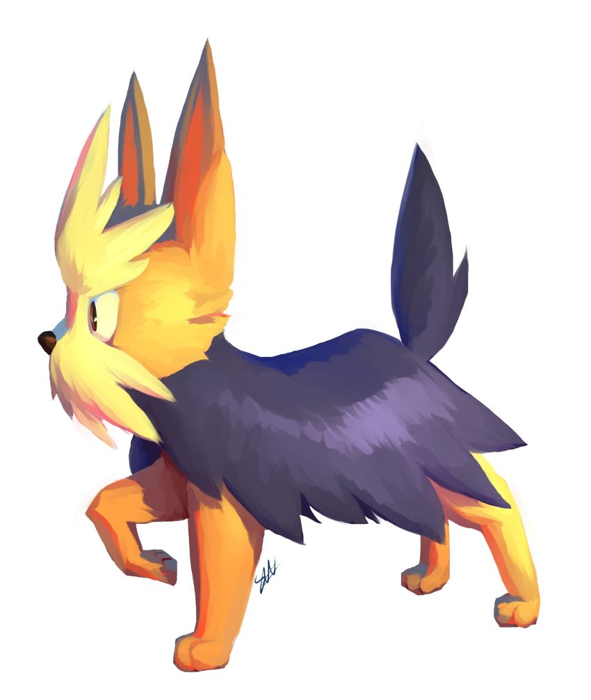 animal_focus brown_eyes commentary dog from_side gen_5_pokemon herdier highres likey nintendo no_humans pokemon pokemon_(creature) signature simple_background solo standing white_background
