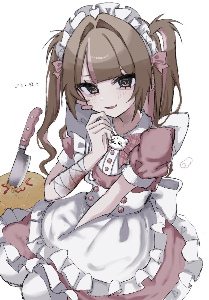 1girl @_@ aegyo_sal apron arm_up back_bow bandaged_arm bandages black_eyes blood bloody_bandages blunt_bangs blush bow brown_hair corset fang frilled_skirt frills hair_bow hand_on_lap hand_on_own_face highres kneeling knife looking_at_viewer maid maid_apron maid_headdress multicolored_hair open_mouth original pink_streaks short_twintails sidelocks skirt solo streaked_hair twintails upper_body uxvqx white_background