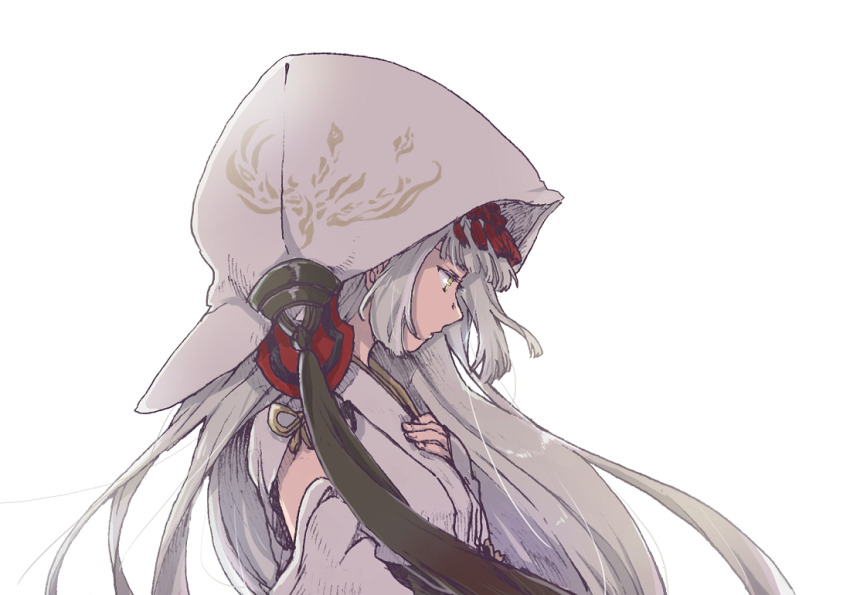 1girl another_eden arm_cutout black_ribbon breasts commentary_request detached_hood floating_hair from_side grey_hair hair_ornament hand_on_own_chest hand_up hatching_(texture) head_down hood hood_up japanese_clothes kimono linear_hatching long_hair long_sleeves looking_down michibata_65 profile ribbon sidelocks simple_background sleeves_past_wrists small_breasts solo tassel tassel_hair_ornament tsukiha_(another_eden) upper_body very_long_hair wataboushi white_background white_kimono yellow_eyes