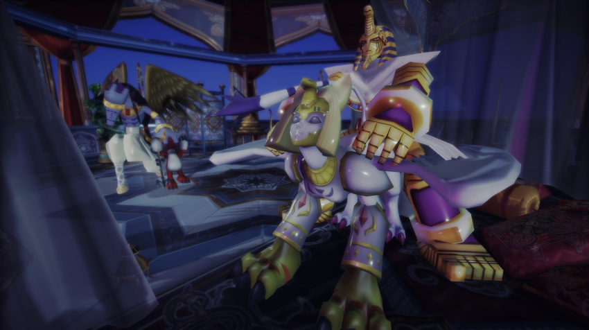 3d all_fours ancient_egyptian ancient_egyptian_clothes anubimon digimon digimon_(creature) highres looking_away nefertimon pharaohmon sex sex_from_behind size_difference squatting usekh_collar wings