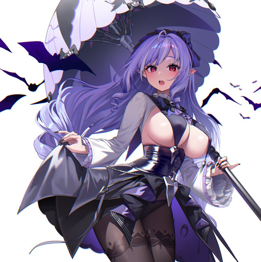 1girl absurdres ascot ayoni_623 black_nails black_panties black_pantyhose blush bow bow_panties bowtie breast_curtains breasts drill_hair hairband highres holding holding_umbrella large_breasts long_hair long_sleeves looking_at_viewer mole mole_under_eye open_mouth panties panties_under_pantyhose pantyhose parasol pointy_ears purple_ascot purple_bow purple_bowtie purple_hair purple_hairband purple_umbrella red_eyes simple_background solo umbrella underwear vivian_banshee white_background zenless_zone_zero