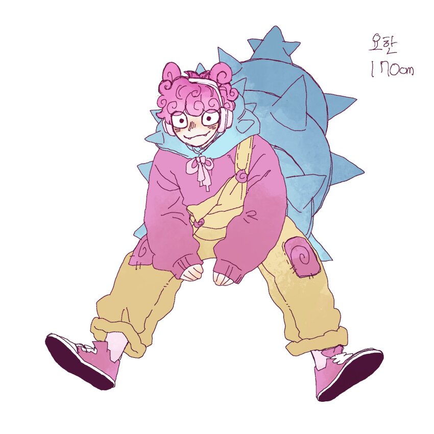 1girl bison_pang black_eyes curly_hair gen_1_pokemon height highres humanization looking_at_viewer nintendo pants pink_shoes pokemon pokemon_(creature) shoes simple_background sitting slowbro smile sweater white_background yellow_pants