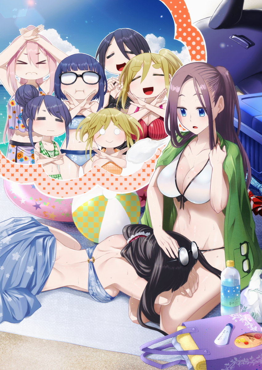 &gt;_&lt; =_= ball beachball bikini black_hair blue_bikini blue_eyes blunt_bangs bottle bow breasts brown_hair cleavage commentary_request eyewear_on_head face_down flat_chest forehead front-tie_bikini_top front-tie_top frown glasses green_background green_jacket hair_bun highres inuyama_akari inuyama_aoi jacket jacket_on_shoulders kagamihara_nadeshiko kagamihara_sakura keke_(user_zech7732) lap_pillow large_breasts medium_breasts navel o-ring o-ring_bikini o_o oogaki_chiaki opaque_glasses ponytail pout purple_background raised_eyebrows red_bow saitou_ena seiza shima_rin side_ponytail single_hair_bun sitting swimsuit textless_version thick_eyebrows toba_minami trembling two_side_up water_bottle white_bikini x_arms yurucamp