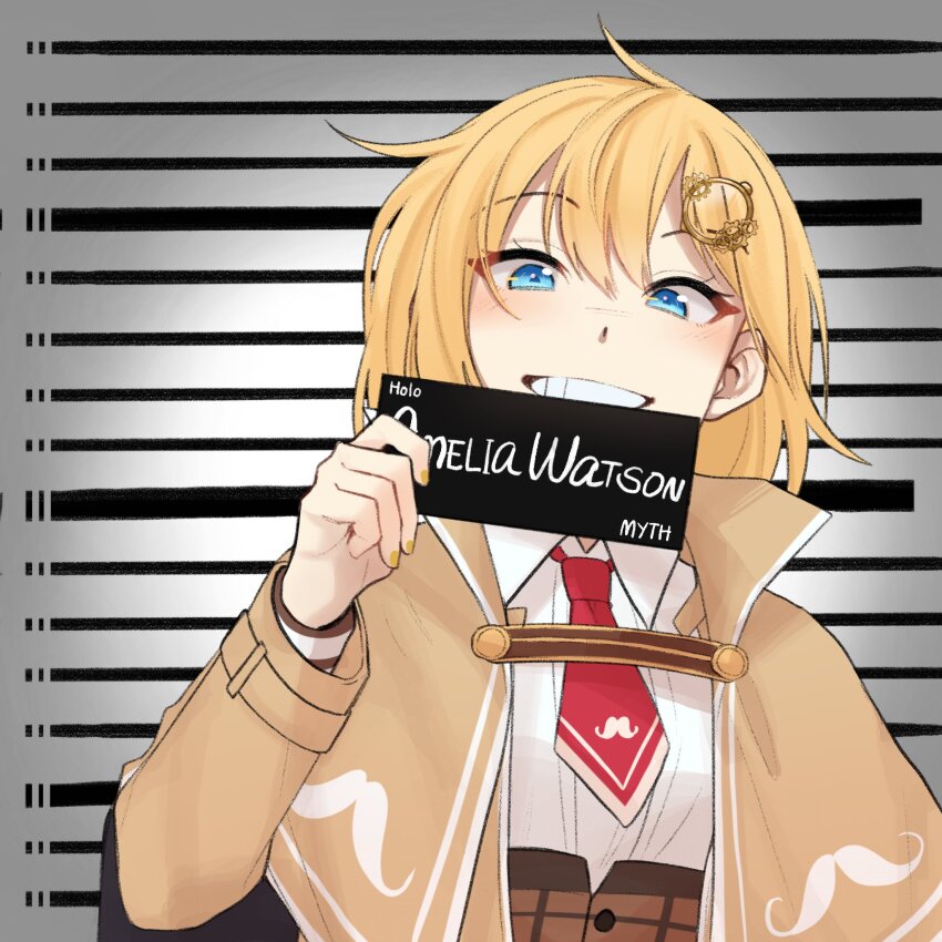 1girl barbie_mugshot_(meme) blonde_hair blue_eyes blush bob_cut brown_capelet capelet character_name collared_shirt detective gear_hair_ornament grin hair_ornament height_chart height_mark highres holding holding_sign hololive hololive_english long_sleeves looking_at_viewer meme mittsu mugshot necktie prison prisoner red_necktie shirt short_hair short_necktie sign smile upper_body virtual_youtuber watson_amelia watson_amelia_(1st_costume) white_shirt yellow_nails