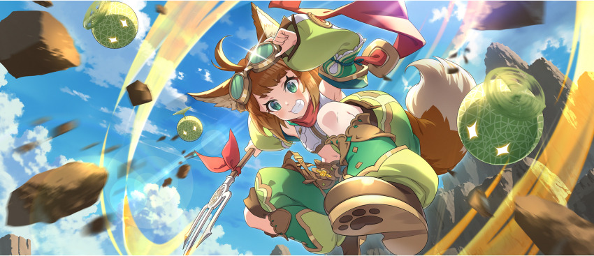 1girl ahoge animal_ear_fluff animal_ears arm_up armpit_crease bandana bandana_around_neck blue_sky brown_hair brown_shoes child clothing_cutout cloud cloudy_sky creature cropped_shirt day debris detached_sleeves falling fang food from_below fruit game_cg goggles goggles_on_head green_eyes green_pants green_sleeves grin highres holding holding_pitchfork holding_polearm holding_weapon knee_cutout kono_subarashii_sekai_ni_shukufuku_wo! konosuba!_fantastic_days light_blush long_sleeves looking_down medium_hair melon midair midriff miia_(konosuba) navel official_alternate_costume official_art outdoors outstretched_arm pants pitchfork polearm red_bandana shade shirt shoes sidelocks sky sleeveless sleeveless_shirt smile solo sunlight swept_bangs tail weapon white_shirt