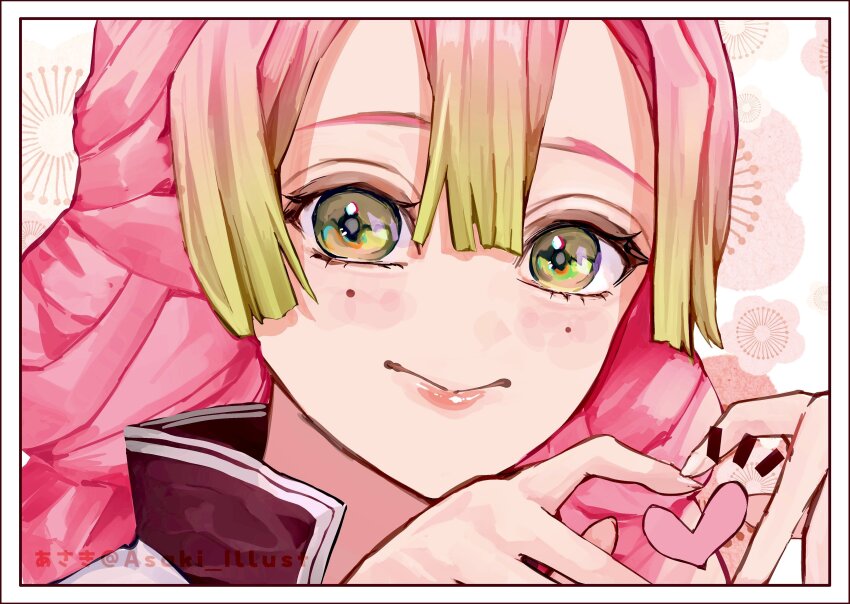 1girl absurdres asaki_illust close-up commentary_request eyelashes green_eyes green_hair hair_between_eyes heart heart_hands high_collar highres kanroji_mitsuri kimetsu_no_yaiba looking_at_viewer mole mole_under_each_eye mole_under_eye multiple_moles notice_lines pink_hair pink_lips sidelocks smile solo twitter_username