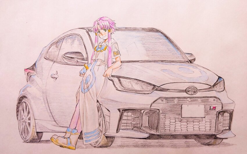 1girl aria_(manga) aria_company_uniform blue_bow blue_bowtie blush bow bowtie bracelet car closed_mouth cwind dress eyelashes fingerless_gloves full_body gloves gold_bracelet gold_trim green_eyes hair_tubes leaning_on_object looking_at_viewer mizunashi_akari motor_vehicle parted_bangs pink_hair sailor_collar short_hair_with_long_locks short_sleeves side_slit simple_background single_glove sketch smile solo toyota toyota_gr_yaris traditional_media vehicle_focus white_car white_dress white_footwear