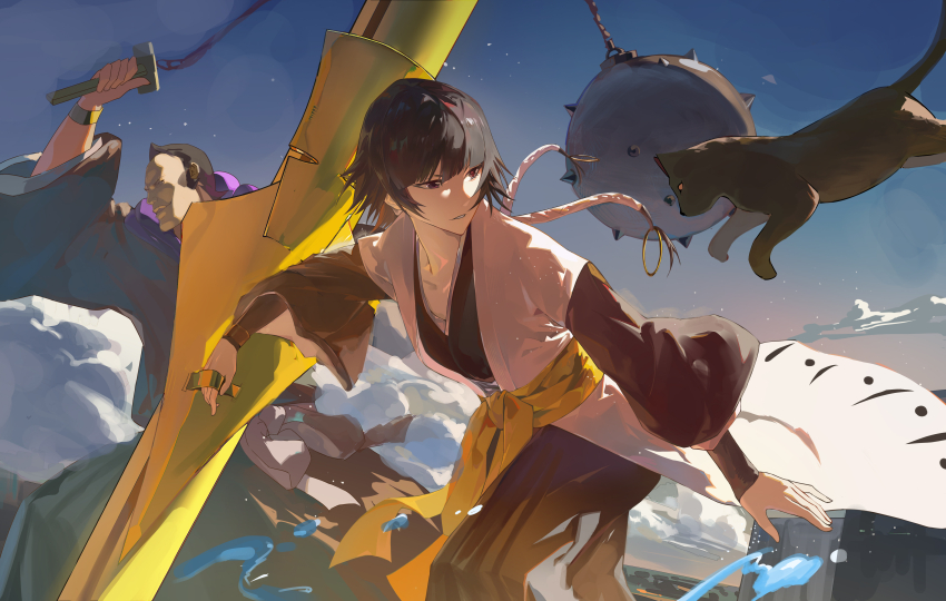 1boy 1girl absurdres ball_and_chain_(weapon) bankai black_eyes black_hair black_hakama black_kimono bleach cat cloud coat gegetsuburi_(shikai) hakama haori highres jakuhou_raikouben_(bankai) japanese_clothes kimono long_sleeves looking_to_the_side oomaeda_marechiyo outdoors revision shihakusho shihouin_yoruichi_(cat) shinigami sky sleeveless sleeveless_coat smile spiked_ball_and_chain sui-feng taichou_haori white_haori zzz_zhi_he