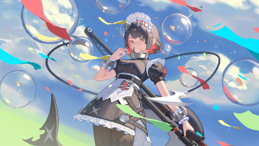 1girl absurdres apron black_dress black_hair black_pantyhose blush breasts bubble closed_mouth cloud dress ellen_joe fins fish_tail frilled_wrist_cuffs frills hair_ornament highres holding holding_scissors large_breasts looking_at_viewer maid maid_apron maid_headdress pantyhose red_eyes red_hair red_nails scissors shark_girl shark_tail short_hair tail user_huya4745 waist_apron white_apron wrist_cuffs zenless_zone_zero