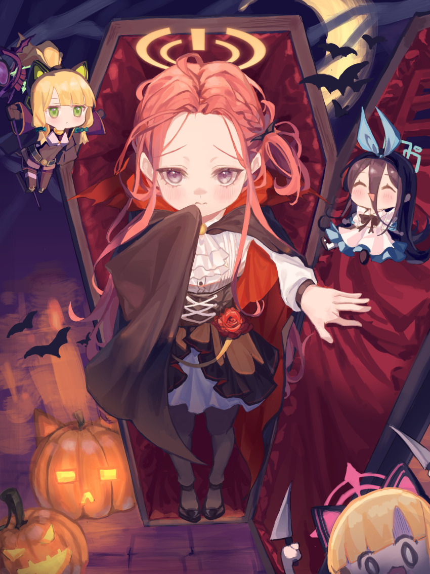 4girls absurdres alice_(alice_in_wonderland) alice_(alice_in_wonderland)_(cosplay) animal_ear_headphones animal_ears aris_(blue_archive) bat_(animal) black_cape black_footwear black_gloves black_hair black_pantyhose black_ribbon black_shorts black_skirt black_tank_top blank_eyes blonde_hair blue_archive blue_eyes blue_skirt blush bow braid cape cat_ear_headphones closed_eyes closed_mouth coffin cosplay dracula dracula_(cosplay) dress fake_animal_ears flower forehead ggangtong gloves green_bow green_eyes hair_between_eyes hair_bow halloween halloween_costume headphones highres holding holding_knife holding_staff jack-o&#039;-lantern knife long_hair midori_(blue_archive) momoi_(blue_archive) multiple_girls one_side_up open_mouth pantyhose red_flower red_hair red_rose ribbon rose shirt shorts sidelocks single_braid skirt staff tank_top triangle_mouth white_dress white_pantyhose white_shirt yuzu_(blue_archive)