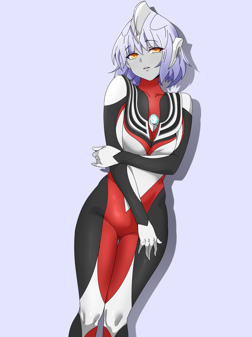 1girl absurdres armor black_bodysuit bob_cut bodysuit breastplate breasts chinese_commentary collarbone color_timer colored_skin commentary contrapposto cowboy_shot crystal dorsal_fin drop_shadow forehead_jewel genderswap genderswap_(mtf) grey_skin hair_between_eyes hand_on_own_arm hand_on_own_thigh headgear highres humanization knees_together_feet_apart light_smile looking_at_viewer multicolored_bodysuit orange_eyes parted_lips purple_background purple_hair red_bodysuit short_hair signature silver_bodysuit simple_background skin_tight small_breasts solo standing tokusatsu ultra_series ultraman_tiga ultraman_tiga:_the_final_odyssey ultraman_tiga_(series) ultraman_tiga_(tiga_tornado) yi_(user_jwth4284)