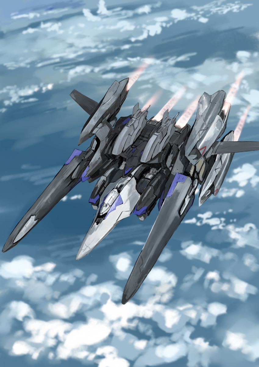absurdres aircraft airplane canopy_(aircraft) cloud cloudy_sky commentary commentary_request day english_commentary exhaust fighter_jet flying highres mecha mikan_lemon military_vehicle mixed-language_commentary no_humans original outdoors robot science_fiction sky thrusters vehicle_focus