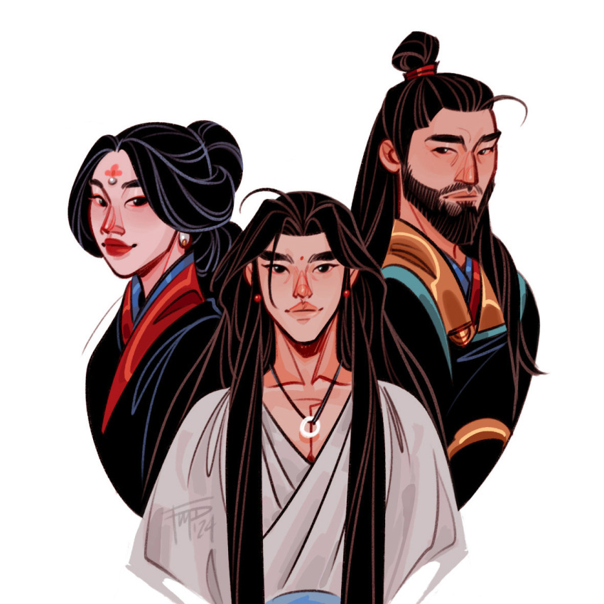 1girl 2boys ahoge beard black_eyes black_hair black_hanfu black_robe blue_robe chinese_clothes closed_mouth collarbone commentary cropped_torso earrings english_commentary eyeliner facial_hair facial_mark family father_and_son fmd forehead_jewel forehead_mark frown full_beard gem hanfu jewelry layered_clothes long_hair looking_at_viewer makeup mature_female mature_male mother_and_son multiple_boys necklace parent_and_child parted_bangs pearl_(gemstone) pearl_earrings pectoral_cleavage pectorals red_eyeliner red_robe ring ring_necklace robe simple_background smile tianguan_cifu topknot upper_body very_long_hair white_background white_hanfu xie_lian yellow_robe