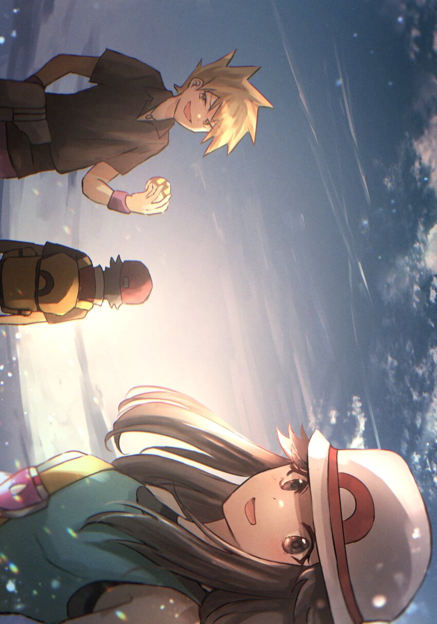 1girl 2boys :d absurdres backpack bag blue_oak brown_eyes brown_hair bucket_hat cloud collared_shirt commentary_request fanny_pack hair_flaps hat highres holding holding_poke_ball leaf_(pokemon) long_hair multiple_boys nintendo open_mouth outdoors poke_ball pokemon pokemon_frlg red_(pokemon) red_hat shirt shiruko_(s1ruko) short_hair short_sleeves sidelocks sky smile spiked_hair ultra_ball vs_seeker wristband yellow_bag