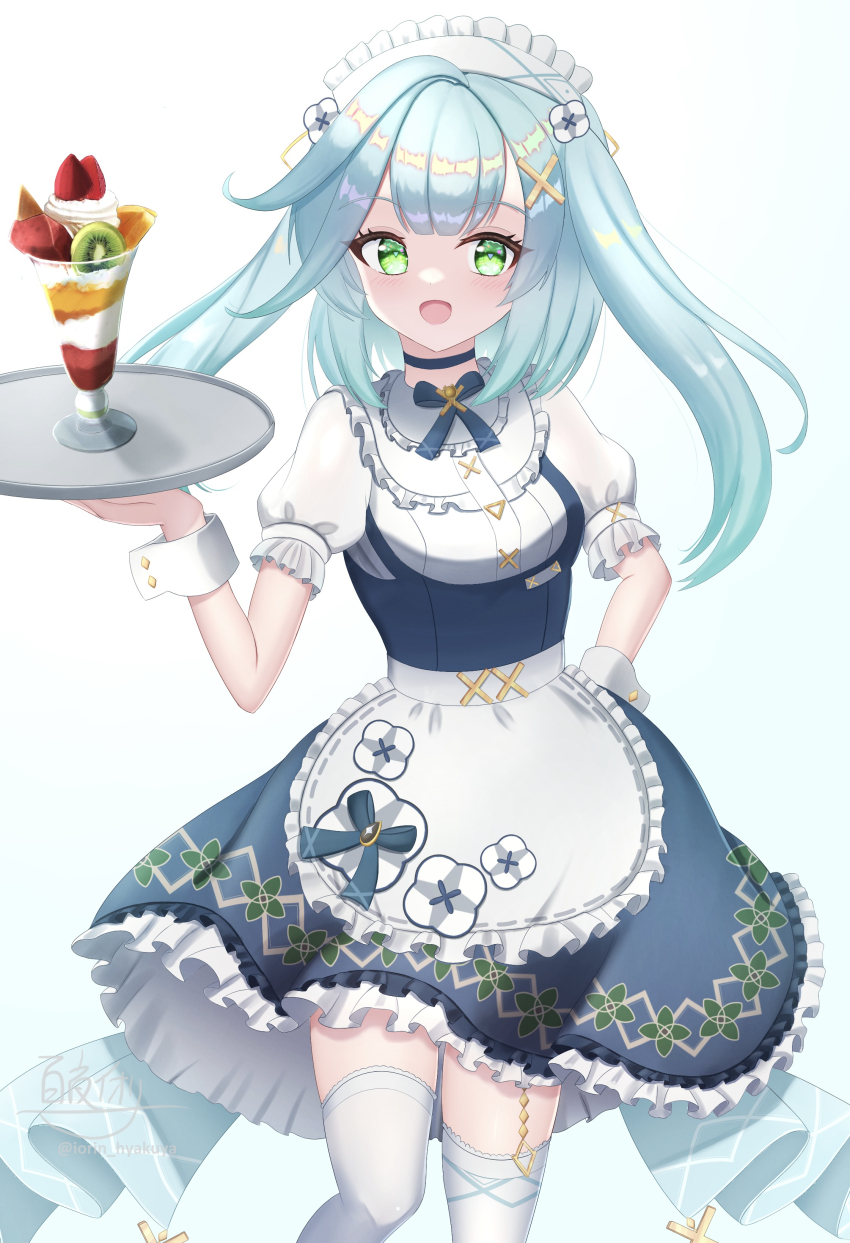 1girl :d absurdres apron aqua_eyes blue_bow blue_bowtie blue_dress bow bowtie commentary_request cowboy_shot dress faruzan_(genshin_cafe_in_seoul)_(genshin_impact) faruzan_(genshin_impact) food genshin_impact green_eyes hair_ornament hand_up highres holding holding_tray hyakuya_iori light_blush long_hair looking_at_viewer maid maid_apron maid_headdress official_alternate_costume open_mouth patterned_clothing puffy_sleeves signature simple_background smile solo symbol-shaped_pupils thighhighs tray triangle-shaped_pupils twintails twitter_username white_apron white_background white_sleeve_cuffs white_thighhighs x_hair_ornament zettai_ryouiki