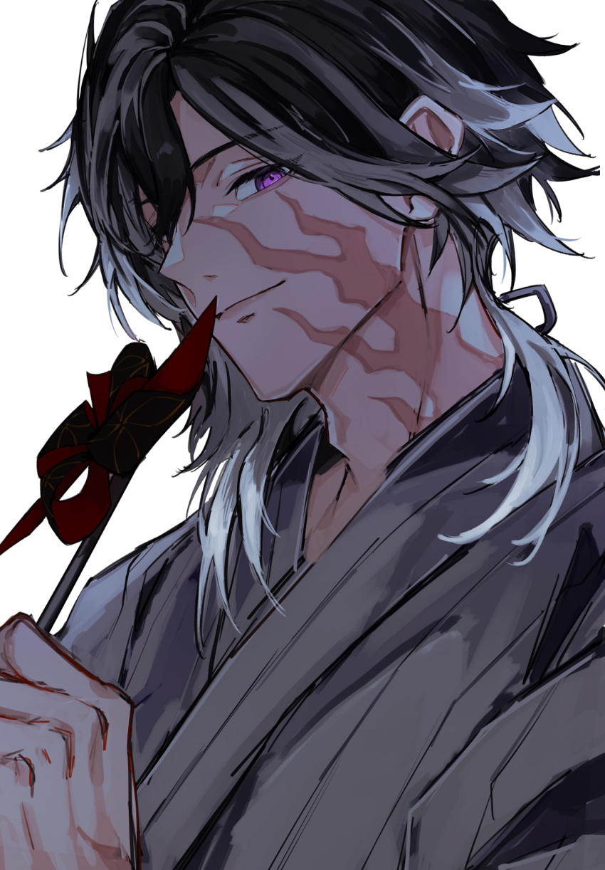 1boy black_hair burn_scar closed_mouth commentary facial_scar grey_hair hair_between_eyes hand_up highres holding holding_pinwheel jikkyuu_mitsutada looking_at_viewer male_focus medium_hair multicolored_hair pinwheel purple_eyes purple_hair rakanama scar scar_on_cheek scar_on_face scar_on_neck simple_background smile solo touken_ranbu two-tone_hair upper_body white_background