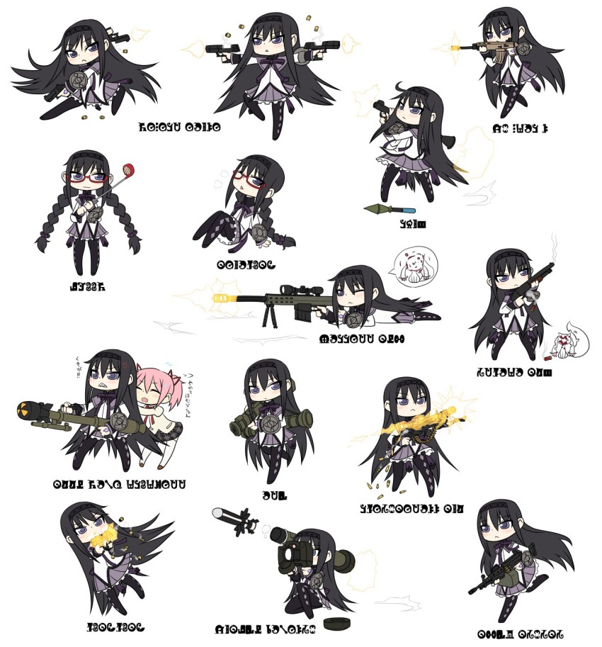 .50_action-express 10s 2girls 7.62x51mm_nato akemi_homura akemi_homura_(magical_girl) ammunition ammunition_belt anger_vein anti-materiel_rifle anti-tank_guided_missile anti-tank_missile artillery assault_rifle at4 barrett_m82 bipod black_hair braid bullet casing_ejection chibi cocking_gun crew-served_weapon davy_crockett_(nuclear_weapon) desert_eagle dual_wielding e338_davy_crockett fgm-148_javelin firing fn_scar fully_powered_cartridge glasses golf_club gun hairband handgun handgun_cartridge hazard_symbol high-explosive_anti-tank_(warhead) highres holding homu ithaca_m37 jon_henry_nam kaname_madoka kyubey left-handed light_machine_gun lmg_cartridge long_hair m13_link m249_saw m28/m29_davy_crockett machine_gun madoka_runes magical_girl magnum_cartridge mahou_shoujo_madoka_magica mahou_shoujo_madoka_magica_(anime) man-portable_anti-tank_systems mg3 military_cartridge missile missile_launcher multiple_girls muzzle_flash nuclear_artillery nuclear_weapon pantyhose pistol pistol_cartridge precision-guided_munition pump_action radiation_symbol recoilless_gun red-framed_eyewear rifle rifle_cartridge rocket-propelled_grenade rocket_(projectile) rocket_launcher rpg rpg-7 rpg_(weapon) scope shell_casing shotgun shoulder-fired_missile smoke smoking_barrel sniper_rifle translation_request twin_braids weapon weapon_of_mass_destruction