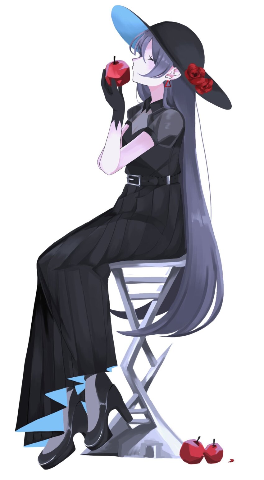 1girl apple belt black_belt black_dress black_footwear black_gloves black_hair black_hat black_skirt closed_eyes closed_mouth dress earrings flower food fruit full_body funeral_dress gloves hair_between_eyes hat highres holding holding_food holding_fruit jewelry jiaojiao long_hair low_poly red_flower red_rose rose shadow_lady_(yume_2kki) shimako_(yume_2kki) short_bangs simple_background sitting skirt solo stool triangle_earrings very_long_hair white_background yume_2kki