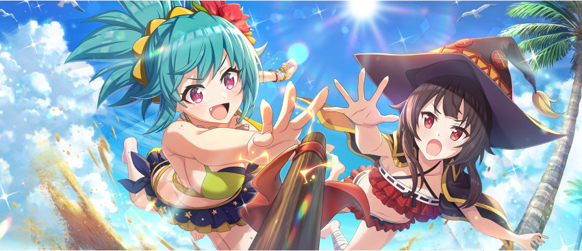2girls aqua_hair armpit_crease bandaged_leg bandages bare_arms bare_legs bare_shoulders barefoot beach bikini bikini_skirt bird black_cloak black_hat black_ribbon blue_sky bracelet breasts brown_hair cleavage cloak cloud cloudy_sky collarbone criss-cross_straps day fang flower frilled_bikini frills from_below game_cg green_bikini hair_flower hair_ornament hair_scrunchie hat highres jewelry kono_subarashii_sekai_ni_shukufuku_wo! konosuba!_fantastic_days large_breasts long_hair megumin mel_(konosuba) multicolored_bikini multiple_girls navel necklace official_alternate_costume official_art open_mouth outdoors outstretched_arms palm_tree pink_eyes ponytail pouncing reaching red_bikini red_eyes red_flower ribbon ribbon-trimmed_bikini ribbon_trim sand scrunchie seagull shell shell_necklace short_hair short_hair_with_long_locks sidelocks sky small_breasts spiked_hair spirit stomach sun sunlight swimsuit tree two-tone_bikini v-shaped_eyebrows witch_hat yellow_bikini yellow_scrunchie