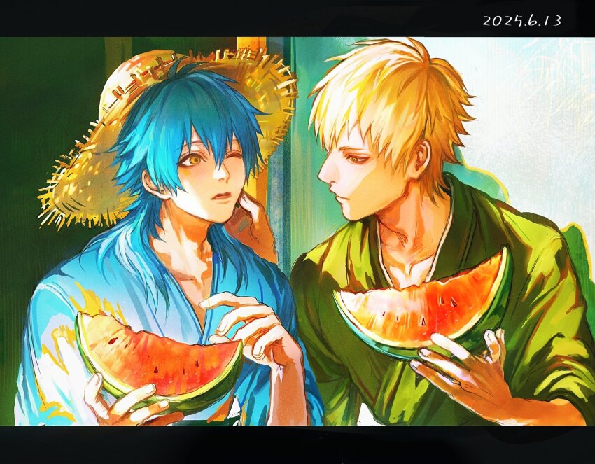 2boys arms_up blonde_hair blue_hair blue_kimono closed_mouth collarbone commentary dated dramatical_murder english_commentary fingernails food fruit green_kimono hair_between_eyes hand_on_another&#039;s_face hat highres holding holding_food holding_fruit japanese_clothes kimono letterboxed looking_at_another male_focus multiple_boys noiz_(dramatical_murder) one_eye_closed parted_lips seragaki_aoba straw_hat summer thijkoij upper_body watermelon watermelon_slice yukata