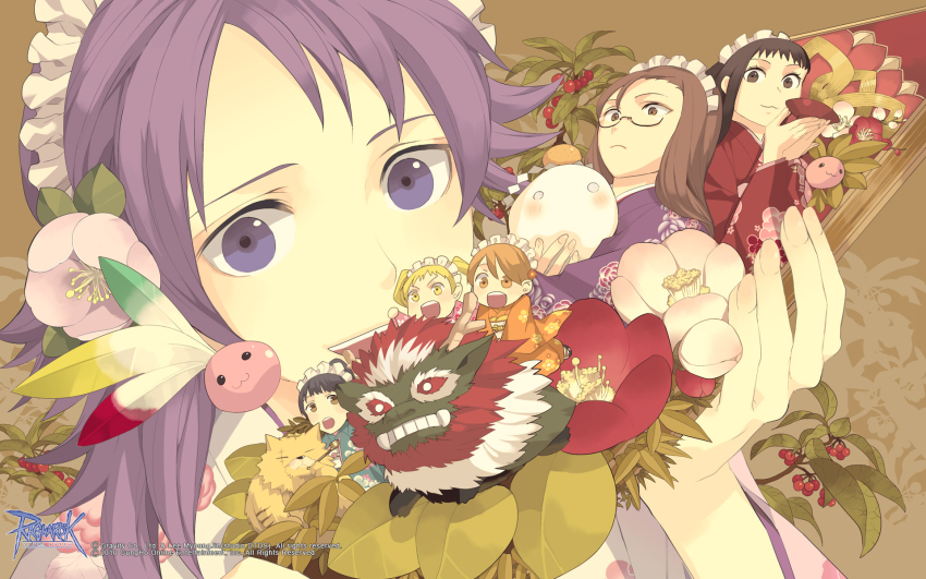 6+girls :3 alternate_costume berry black-framed_eyewear black_hair blonde_hair blossom_(ragnarok_online) blush brown_background brown_eyes chibi chibi_inset closed_mouth copyright_notice cup curly_sue eddga food frown fruit glasses guest_art highres holding holding_cup japanese_clothes jasmine_(ragnarok_online) kimono leilah_(ragnarok_online) logo maid_headdress mandarin_orange mochi multiple_girls official_art official_wallpaper open_mouth orange_eyes orange_hair orange_kimono pavianne_(ragnarok_online) poring purple_eyes purple_hair purple_kimono ragnarok_online red_kimono roxie_(ragnarok_online) sakazuki semi-rimless_eyewear short_bangs short_hair smile tiger twintails under-rim_eyewear upper_body white_kimono yellow_eyes yuikawa_kazuno zhu_po_long