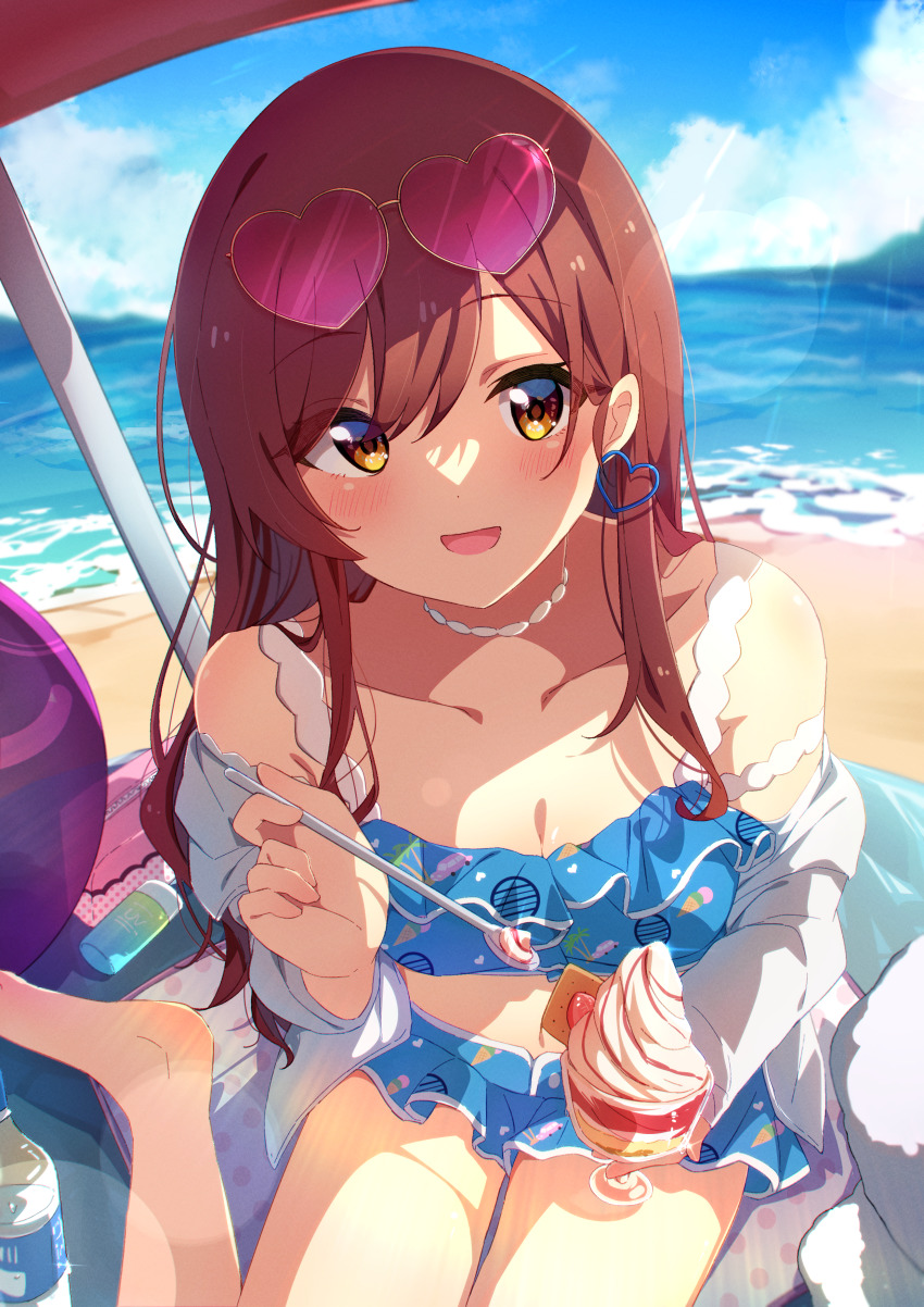 1girl absurdres beach bikini blue_bikini blush breasts brown_hair cleavage clothes_pull collarbone comiket_100 debi_tarou earrings eyewear_on_head food frilled_bikini frills heart heart-shaped_eyewear heart_earrings highres idolmaster idolmaster_shiny_colors incoming_food jewelry lens_flare long_hair looking_at_viewer lotion mat navel osaki_amana outdoors parasol parfait reikakrzk shirt shirt_pull solo straight_hair sunscreen swimsuit tinted_eyewear towel umbrella very_long_hair white_shirt yellow_eyes