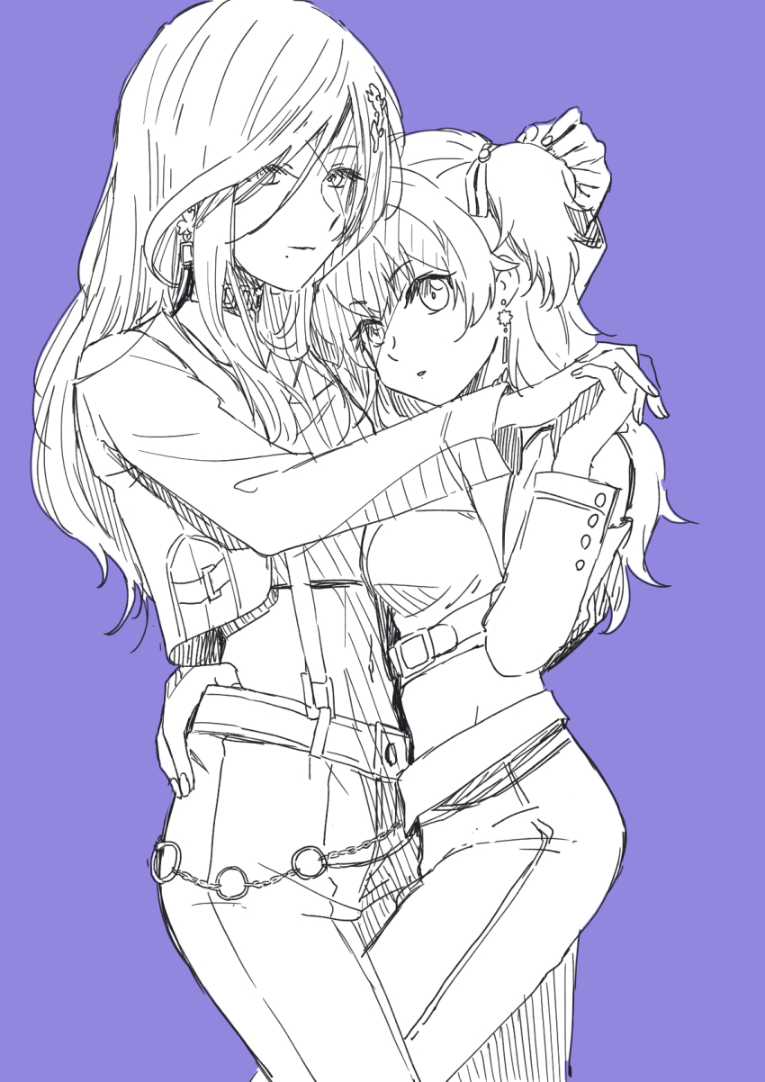 2girls animal_ears closed_mouth codeyamada commentary_request greyscale_with_colored_background hair_ornament hair_ribbon hand_on_another&#039;s_waist highres hinomori_shizuku holding_hands interlocked_fingers jacket leg_between_thighs long_hair long_sleeves midriff mole mole_under_mouth momoi_airi multiple_girls navel pants parted_lips project_sekai purple_background ribbon simple_background two_side_up yuri