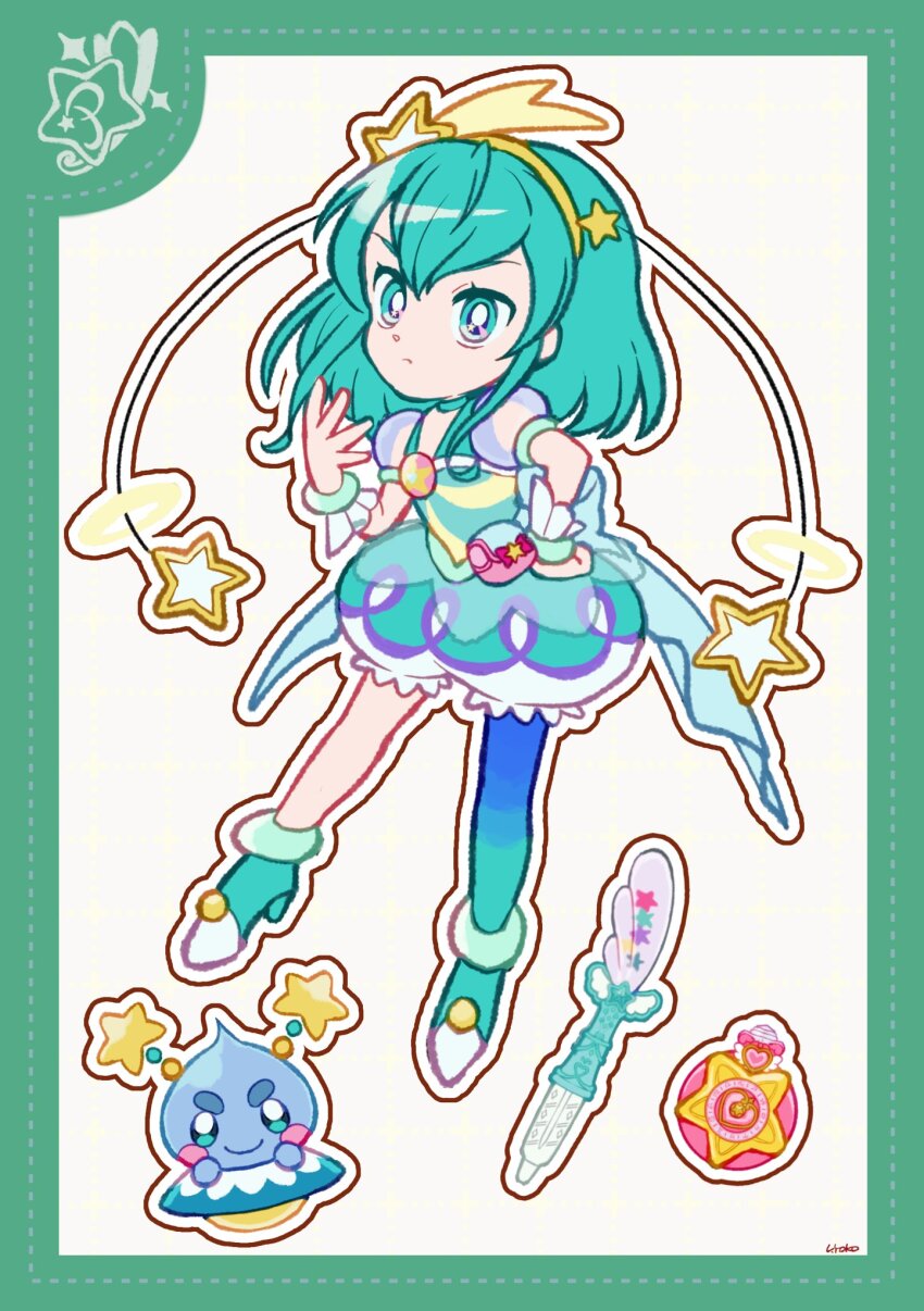 1girl ankle_cuffs antennae aqua_boots aqua_eyes aqua_hair aqua_pantyhose aqua_shirt aqua_skirt bag_bow blue_pantyhose blue_sleeves boots border bow bubble_skirt closed_mouth cure_milky deformed determined dot_nose dotted_line eyelashes frilled_bracelet frilled_skirt frills frown full_body glowstick gradient_pantyhose green_border grid_background hagoromo_lala hair_between_eyes hair_ornament hairband hairclip hand_on_own_chest hand_up high_heel_boots high_heels highres long_hair looking_at_viewer magical_girl miniskirt outline pantyhose penlight_(glowstick) pink_bag precure prunce_(precure) puffy_short_sleeves puffy_sleeves red_bow shirt shooting_star_hair_ornament short_sleeves sidelocks signature single_bare_leg single_leg_pantyhose skirt standing star_(symbol) star_hair_ornament star_twinkle_precure tsurime two-tone_bag two-tone_pantyhose two-tone_shirt ufo uwded_207 waist_bag white_background white_bag white_outline yellow_hairband yellow_shirt