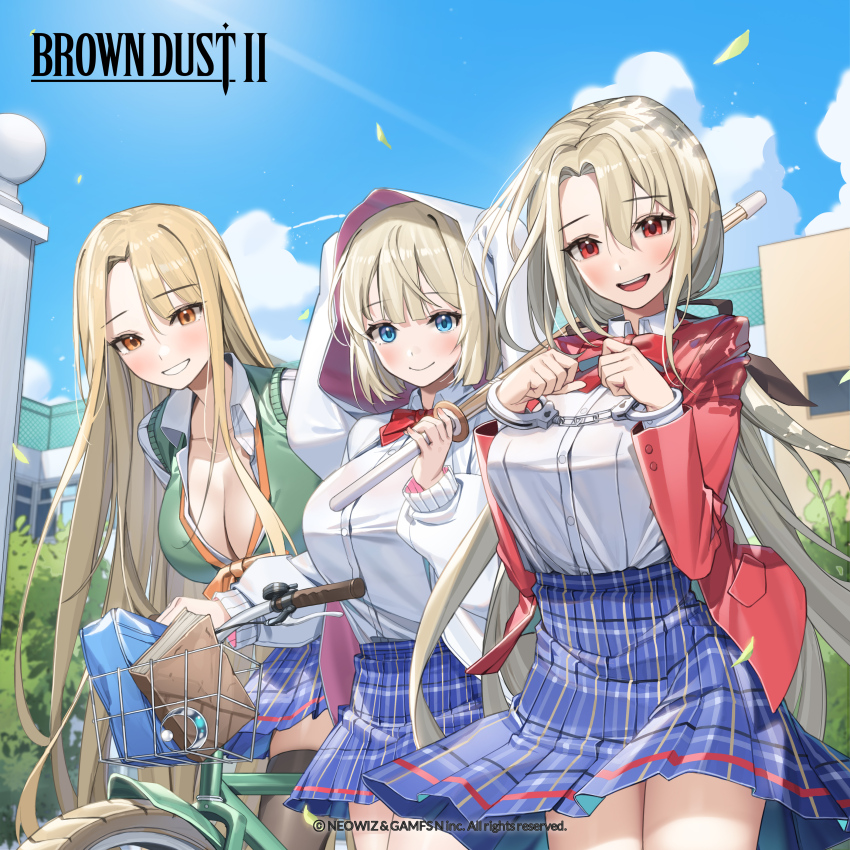3girls absurdres animal_ear_hood bag bicycle blonde_hair blue_eyes blue_skirt blush book bow bowtie breasts brown_dust_(series) brown_dust_2 bursting_breasts cardigan checkered_clothes checkered_skirt cleavage closed_mouth copyright_logo cuffs emma_(brown_dust) eyebrows_hidden_by_hair fake_animal_ears green_cardigan handcuffs highres hood hoodie jacket justia_(brown_dust) justia_(kendo_club)_(brown_dust) large_breasts leaning lips long_hair looking_at_viewer multiple_girls official_art open_mouth orange_eyes outdoors partially_unbuttoned piyo_(piyo8415) red_bow red_bowtie red_eyes red_jacket samay_(brown_dust_2) school school_bag school_uniform shinai shirt short_hair skirt smile sun sword teeth tree upper_teeth_only very_long_hair weapon white_hoodie white_shirt wind