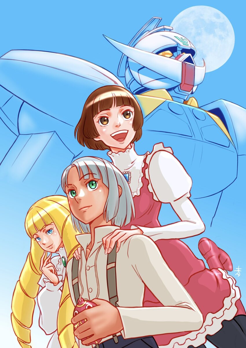 1boy 2girls :d aobito_sukoyaka_bystander blonde_hair blue_eyes blue_sky blunt_bangs brown_eyes brown_hair closed_mouth dark-skinned_male dark_skin dianna_soreil dress drill_hair frilled_dress frills full_moon green_eyes grey_hair gundam high_collar highres kihel_heim loran_cehack mecha moon multiple_girls open_mouth robot short_hair sky smile sochie_heim teeth turn_a_gundam turn_a_gundam_(mobile_suit) twin_drills upper_teeth_only