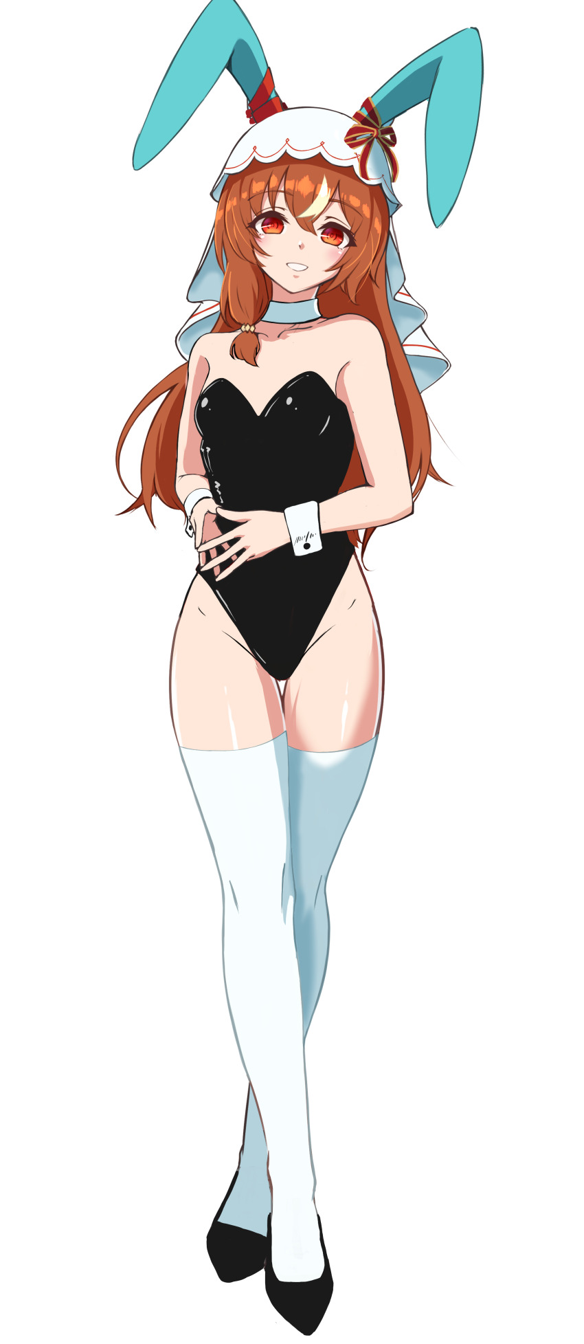 1girl absurdres alternate_costume animal_ears blush breasts brown_hair commentary ear_covers enukee full_body highres horse_ears horse_girl leotard looking_at_viewer playboy_bunny socks solo still_in_love_(umamusume) thighhighs umamusume veil white_background white_socks
