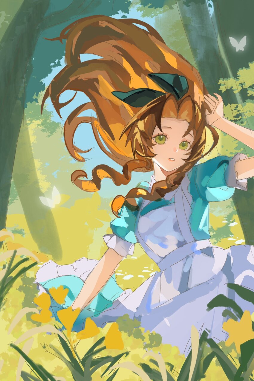 1girl aerith_gainsborough alice_(alice_in_wonderland) alice_(alice_in_wonderland)_(cosplay) apron aqua_dress black_ribbon brown_hair cosplay dress enju_clerith final_fantasy final_fantasy_vii flower green_eyes hair_ribbon highres long_hair outdoors parted_bangs parted_lips puffy_short_sleeves puffy_sleeves ribbon short_sleeves sidelocks solo wavy_hair white_apron yellow_flower