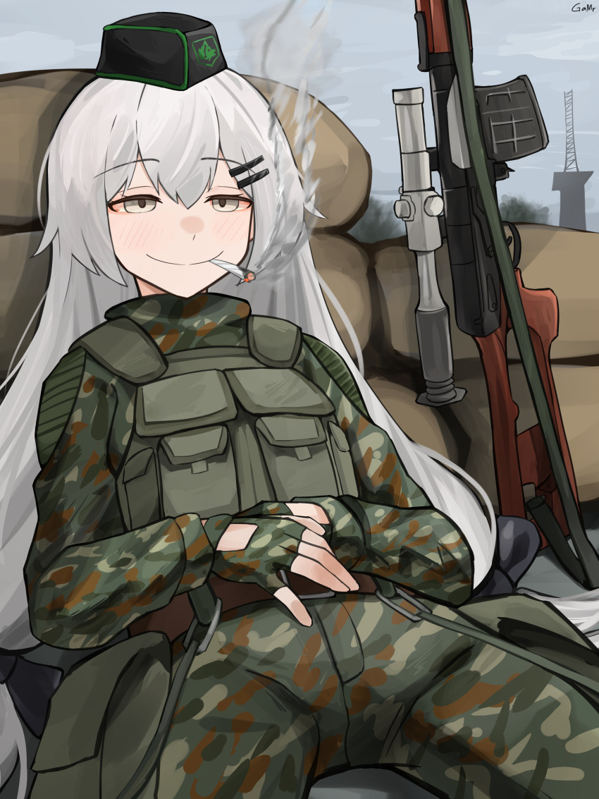 1girl absurdres blush bulletproof_vest camouflage camouflage_gloves camouflage_jacket camouflage_pants closed_mouth dragunov_svd fingerless_gloves gamryous girls&#039;_frontline gloves green_gloves green_jacket green_pants gun hair_between_eyes hair_ornament hairclip hat highres jacket joint_(drug) leaning_back long_hair marijuana military_combat_uniform military_hat military_uniform outdoors pants radio_tower rifle scope sitting sling_bikini_top smile smoking sniper_rifle solo spread_legs stalker_(game) stoned svd_(girls&#039;_frontline) variant_set very_long_hair weapon white_hair